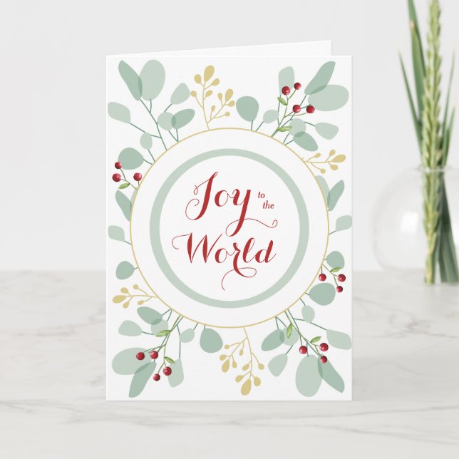 Sage Leaves and Berries Joy to the World Folded Holiday Card (Front)
