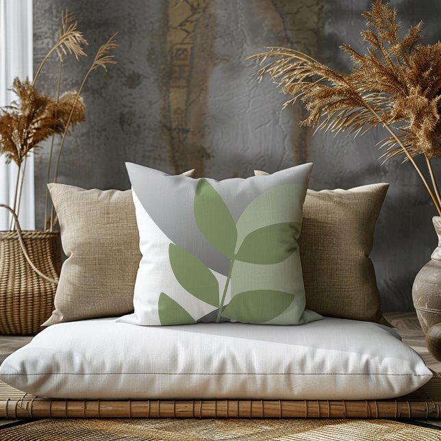 Sage Leaves Botanical Throw Pillow (This botanical pillow features complimentary shades of sage green, gray and white.)