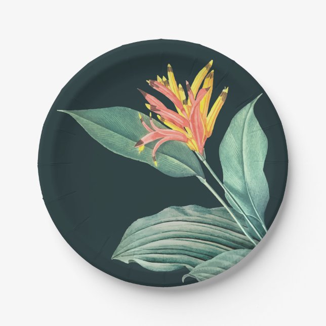 Sage Leaves Tropical Flower on Dark Teal Paper Plates (Front)