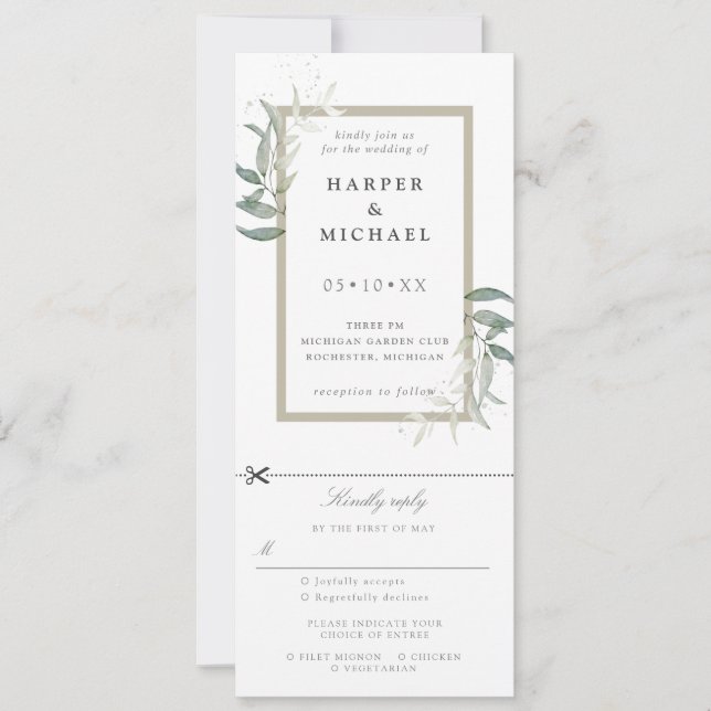 Sage leaves wedding invite w rsvp attached (Front)