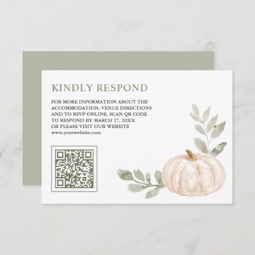 Sage Leaves White Pumpkin QR Code RSVP Wedding Enclosure Card