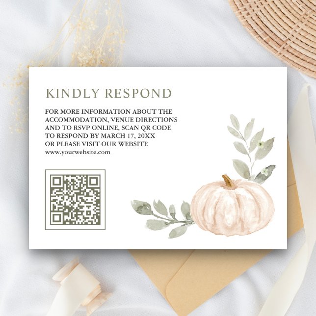 Sage Leaves White Pumpkin QR Code RSVP Wedding Enclosure Card (Creator Uploaded)