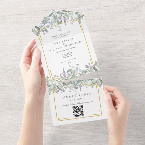 Sage Lilac Floral Gold Geometric QR Code Wedding All In One Invitation