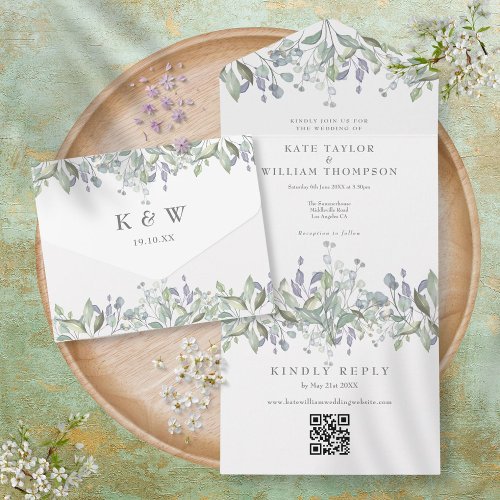 Sage Lilac Floral Monogram QR Code Wedding All In One Invitation