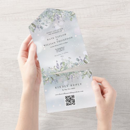 Sage Lilac Floral Monogram QR Code Winter Wedding All In One Invitation