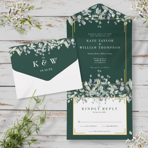 Sage Lilac Foliage Emerald Monogram Wedding All In One Invitation