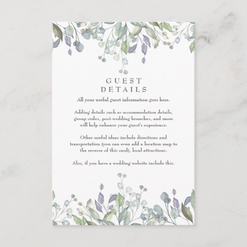 Sage Lilac Foliage Guest Information Details Enclosure Card
