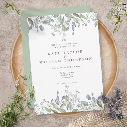Sage Lilac Greenery Watercolor Floral Wedding Invitation