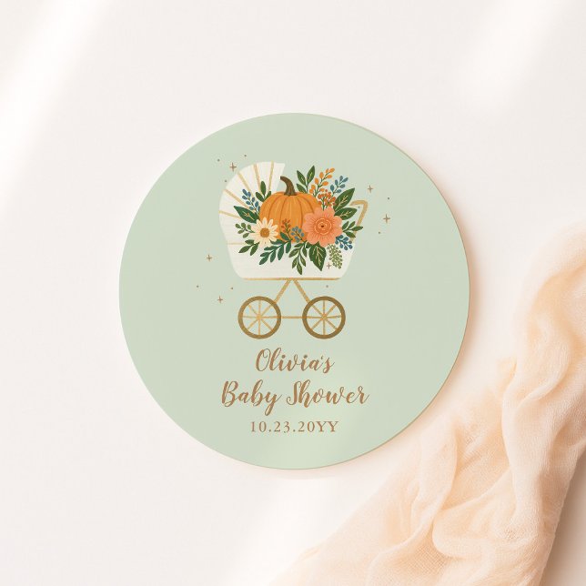 Sage Little Pumpkin Baby Shower Round Sticker Fall (Creator Uploaded)