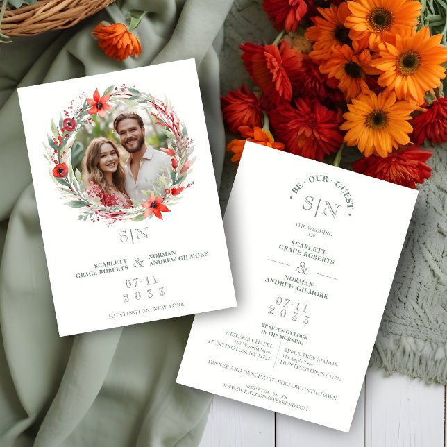 Sage Luxury Initials Floral Red Shades Round Photo Invitation (Sage Luxury Initials Floral Wreath Red Shades Round Photo Wedding Invitation Card.)