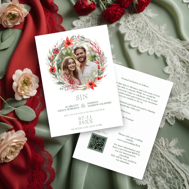 Sage Luxury Initials Floral Red Shades Round Photo Save The Date (Sage Luxury Initials Floral Red Shades Round Photo Wedding Save the Date Card. Front)
