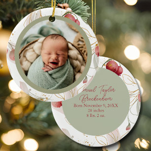 Sage Mauve Watercolor Botanical Baby Photo Ceramic Ornament