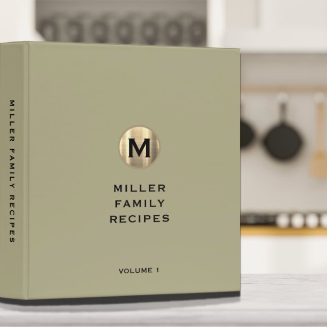 Sage Metallic Gold Monogram Family Recipe 3 Ring Binder (Creator Uploaded)
