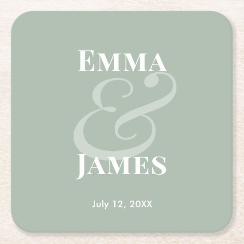 Sage Minimalist Ampersand Wedding | Reverse  Square Paper Coaster
