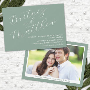 Sage Minimalist Photo Elegant Script Wedding Invitation