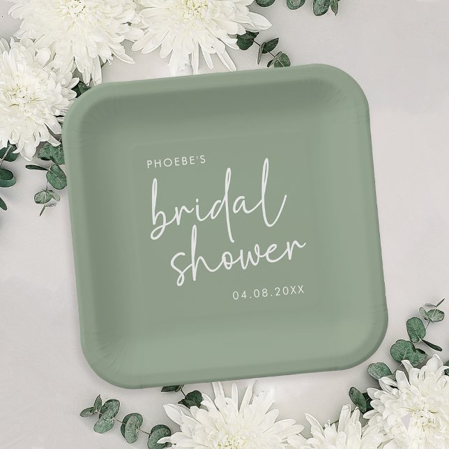 Sage Minimalist Script Bridal Shower Paper Plates (Creator Uploaded)