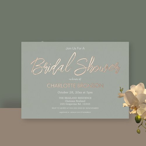 Sage Minimalist Script Bridal Shower Rose Gold  Foil Invitation