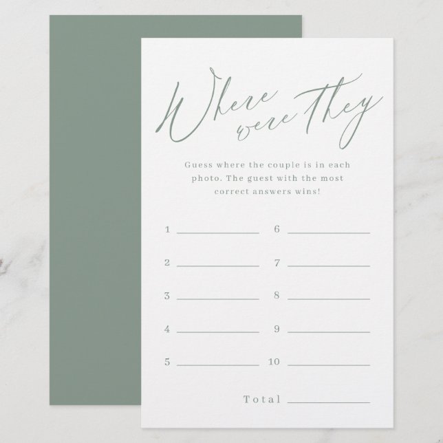 Sage minimalist where were they bridal shower game (Front/Back)