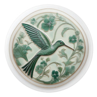 Sage & mint faux relief Art Nouveau Hummingbird R Ceramic Knob