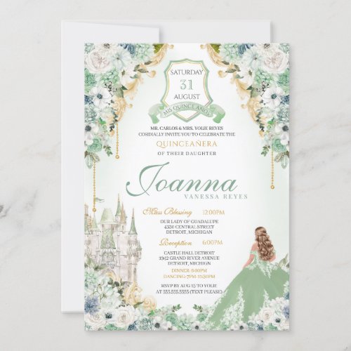 Sage Mint Green  Gold Royal Princess Quinceanera Invitation