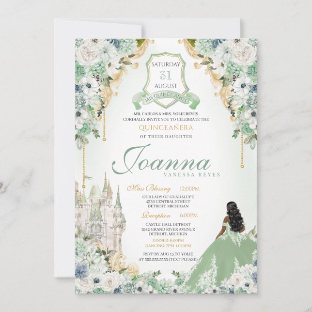 Sage Mint Green & Gold Royal Princess Quinceanera Invitation (Front)