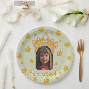 Sage Mist Princess Crown Floral Photo Birthday Paper Plates
