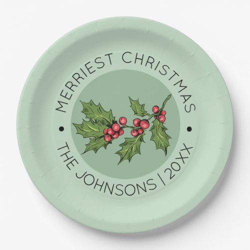 Sage Mistletoe Christmas Holiday Party Paper Plate