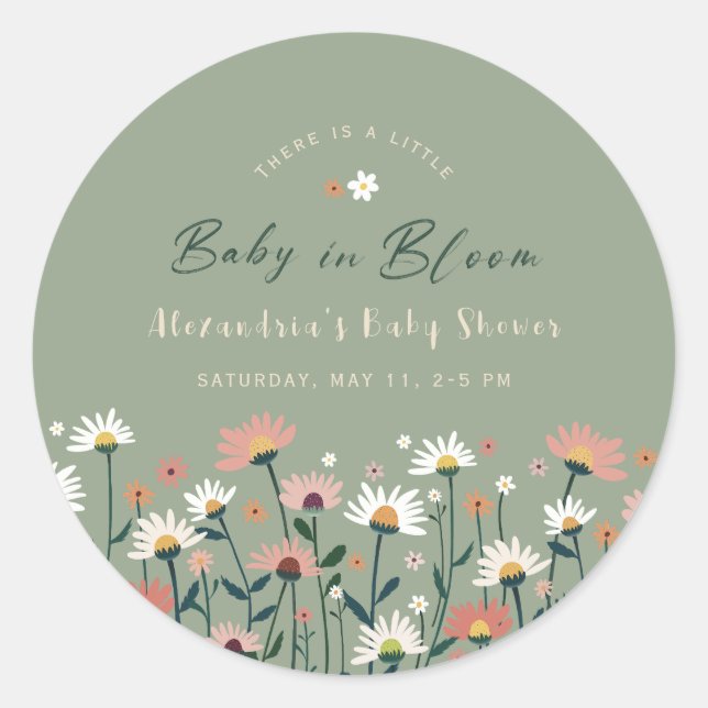 Sage Modern Boho Wildflower Baby in Bloom Shower Classic Round Sticker (Front)
