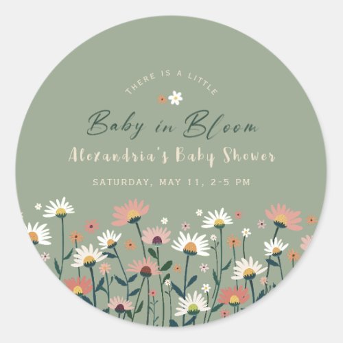 Sage Modern Boho Wildflower Baby in Bloom Shower Classic Round Sticker