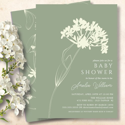 Sage Modern Floral Baby Shower Invitation