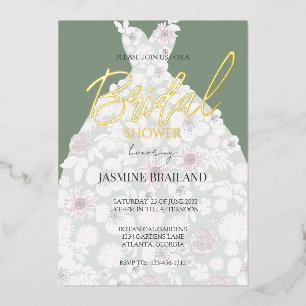 Sage Modern Floral Gown Bridal Shower Gold Foil Invitation