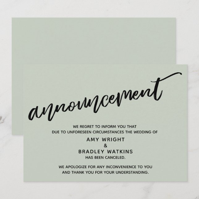Sage Modern Handwriting Canceled Wedding Card (Front/Back)