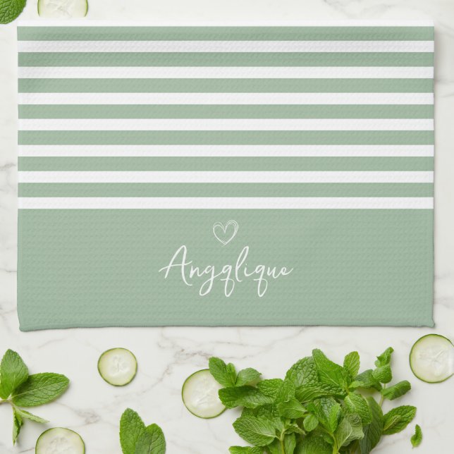 Sage Modern Heart and Stripes Monongram    Kitchen Towel (Folded)
