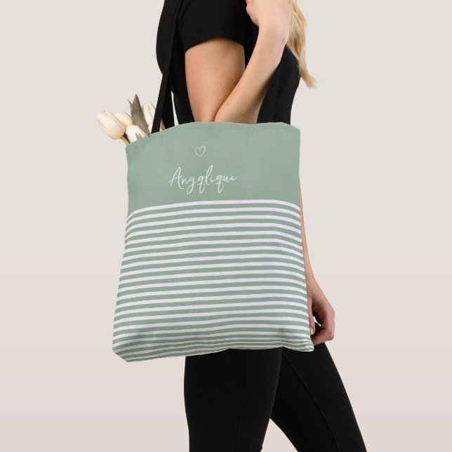 Sage Modern Heart and Stripes Monongram    Tote Bag (Close Up)