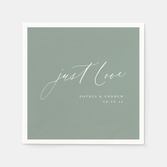 Sage modern just love script minimalist wedding napkins (Front)