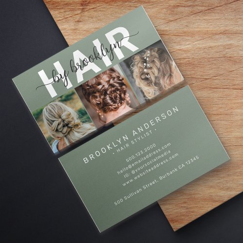 Sage Modern Photo Typography Hair Stylist Business Card