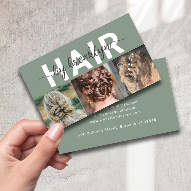 Sage Modern Photo Typography Hair Stylist Business Card (Creator Uploaded)