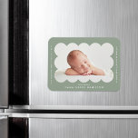 Sage Modern Scalloped Frame Birth Announcement Magnet<br><div class="desc">Modern birth announcement magnet featuring your baby's photo nestled inside of a sage green scalloped frame. Personalize the sage green birth announcement magnet by adding your baby's name and additional information in white lettering.</div>