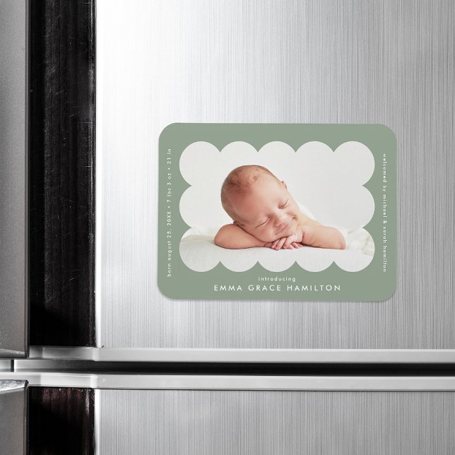 Sage Modern Scalloped Frame Birth Announcement Magnet (Creator Uploaded)