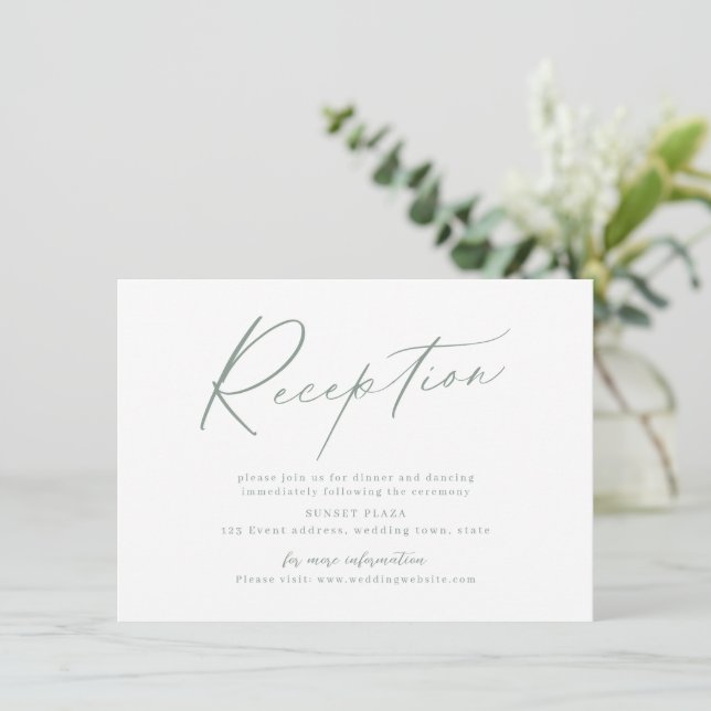 Sage modern script minimalist wedding reception note card (Standing Front)