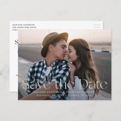 Sage Modern Vintage Lettering Photo Save the Date Announcement Postcard