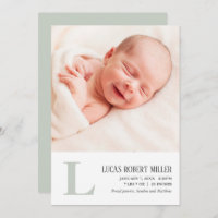 Sage Monogram Baby Birth Announcement Photo Card