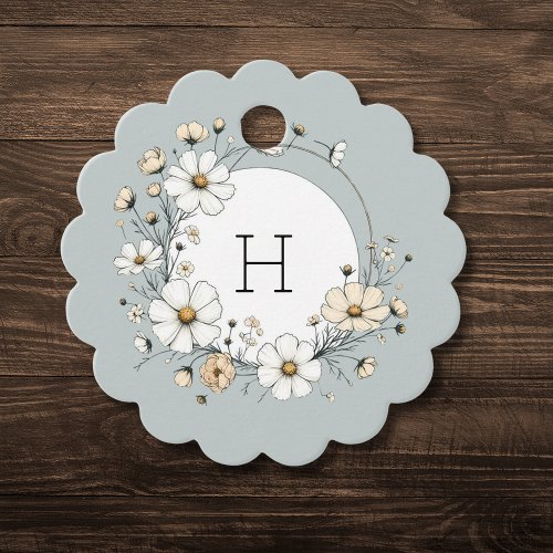 Sage Monogram Boho Flowers Personalized Scalloped Favor Tags