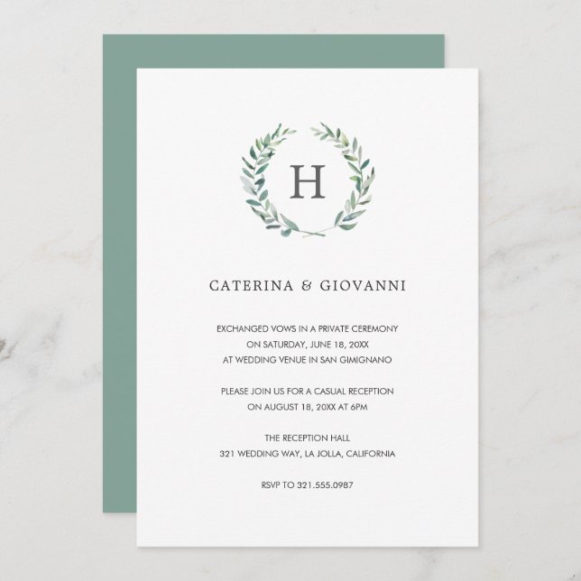 Sage Monogram Greenery Rustic Wedding Reception Invitation (Front/Back)