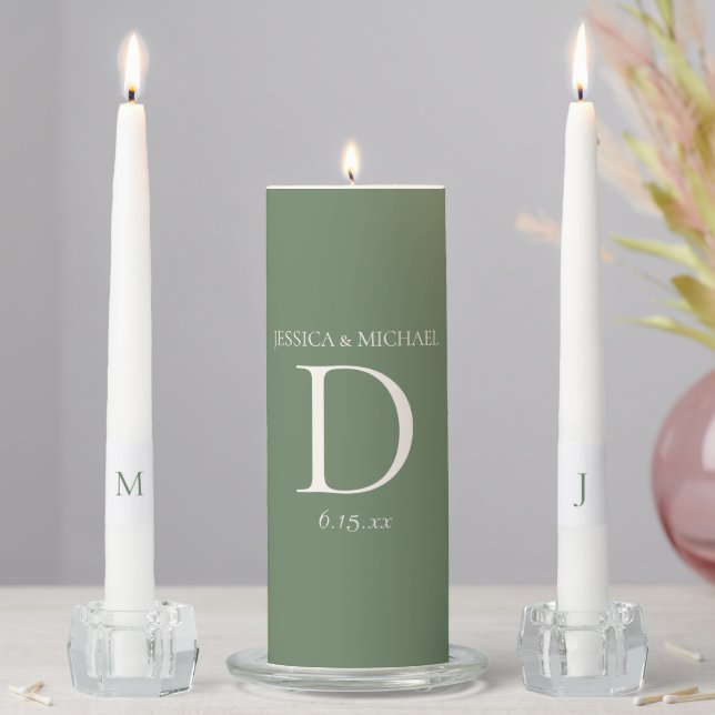 Sage Moss Green Cream Monogram Wedding Unity Candle Set (In Situ)