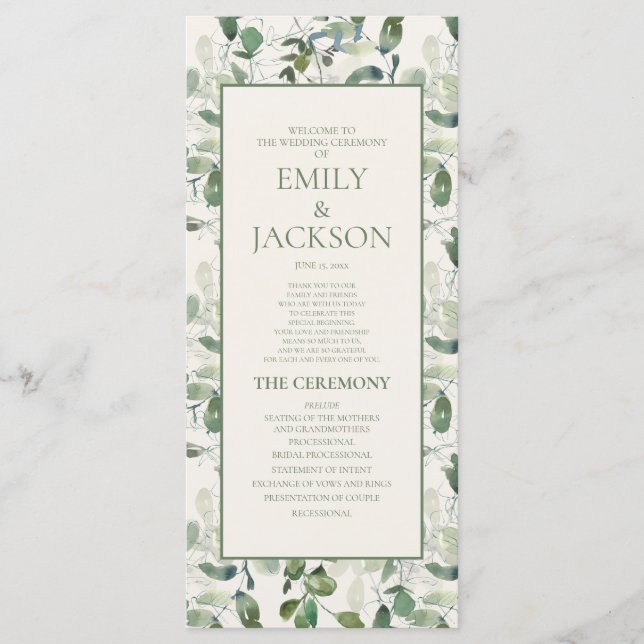 Sage Moss Green Leaves Cream Wedding Program (Front)