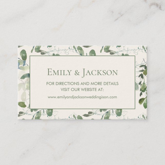 Sage Moss Green Leaves Cream Wedding Website Business Card (Front)