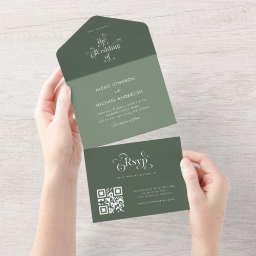 Sage Moss Green Shades Retro Typography QR Code All In One Invitation