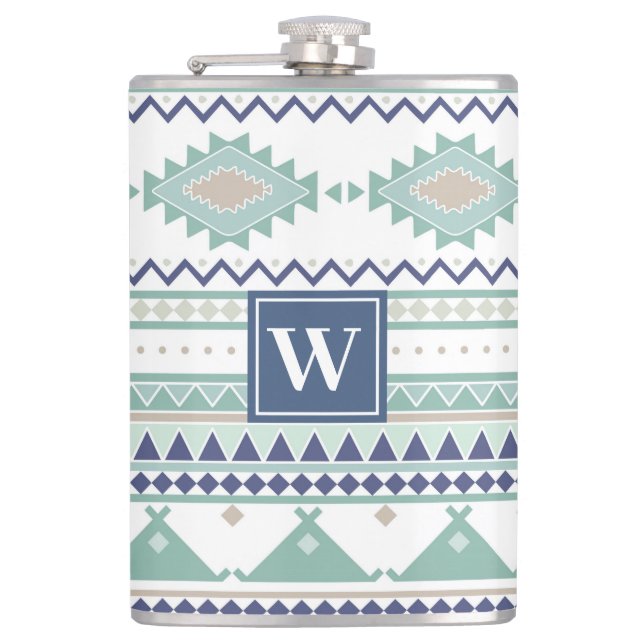 Sage & Navy Blue Native American Pattern Flask (Front)