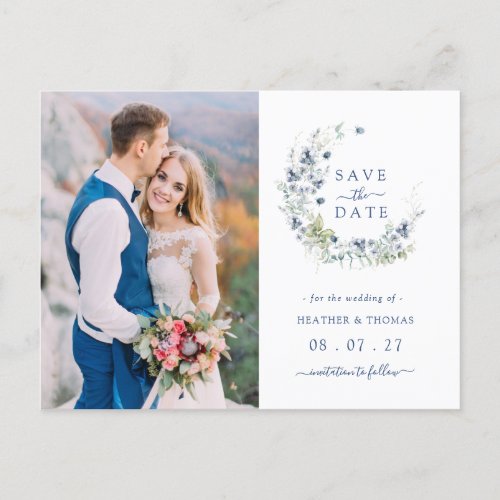 Sage Navy Botanical Wreath Wedding Save The Dates Announcement Postcard